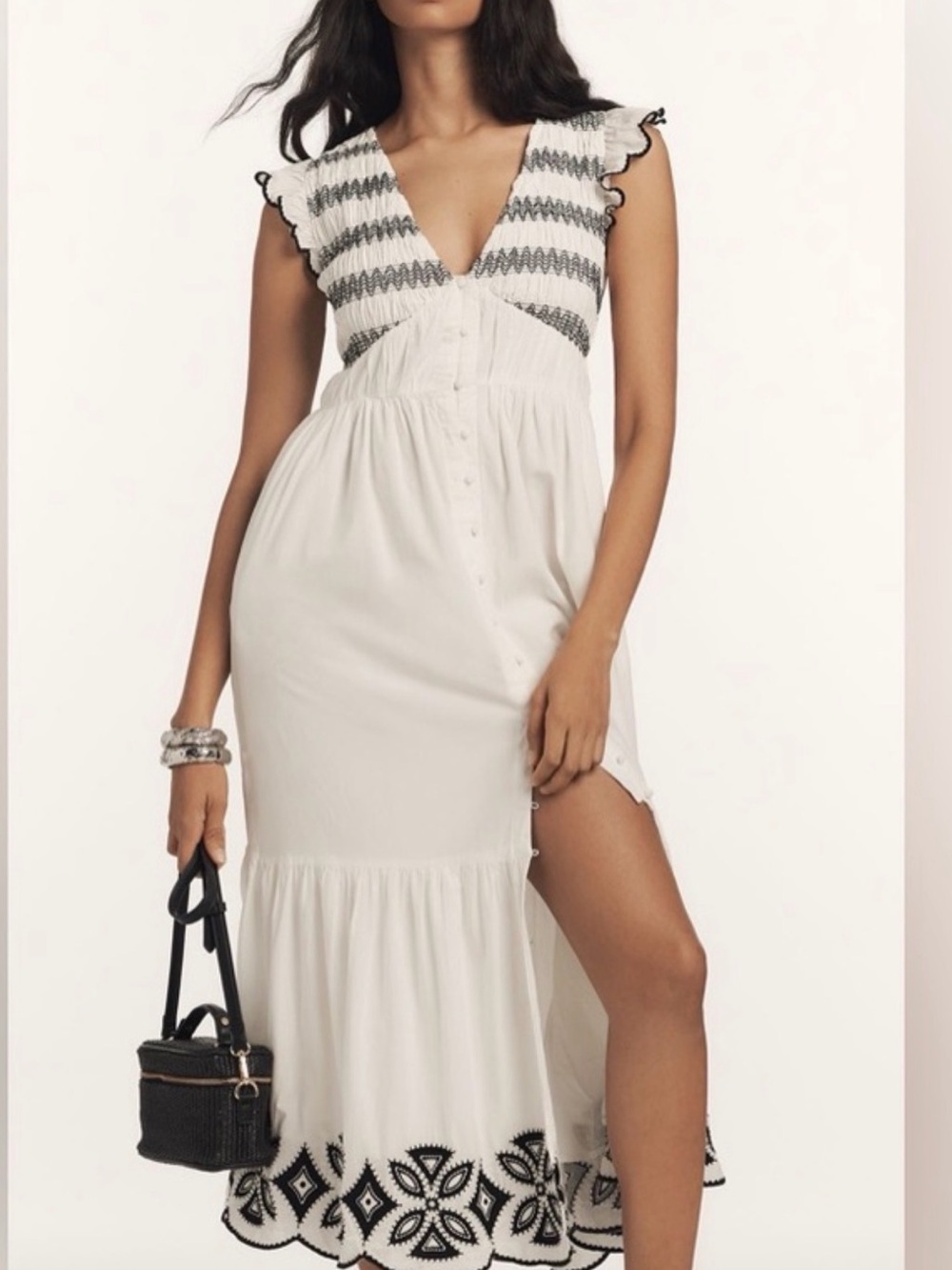 Anthropologie Peregrine Midi Dress Embroidered Smocked Black White NWT 1X